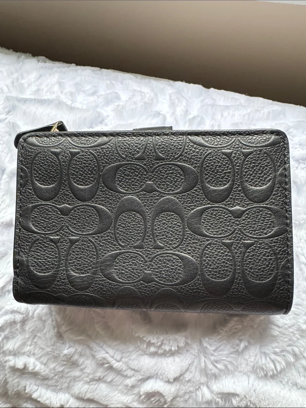 Coach Black Embossed Signature Compact Wallet with Gold Logo - Picture 3 of 4